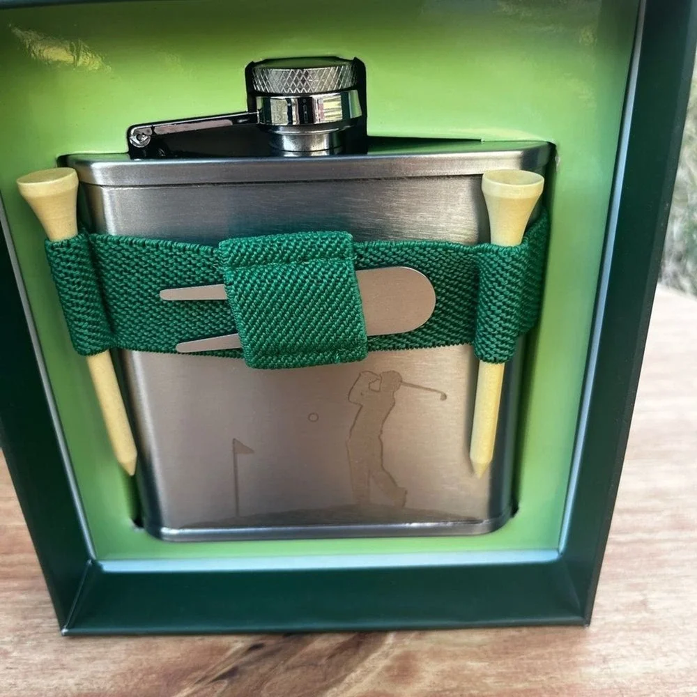 NEW Kikkerland Golf Stainless Steel Flask with Green Holder (Holds 6oz)